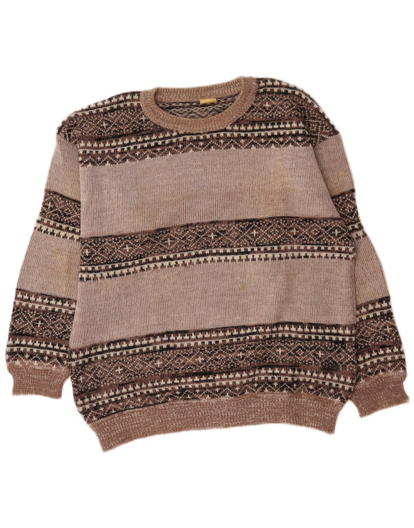 Pulover vintage pentru bărbați cu gât roșu XL gri Fair Isle acrilic