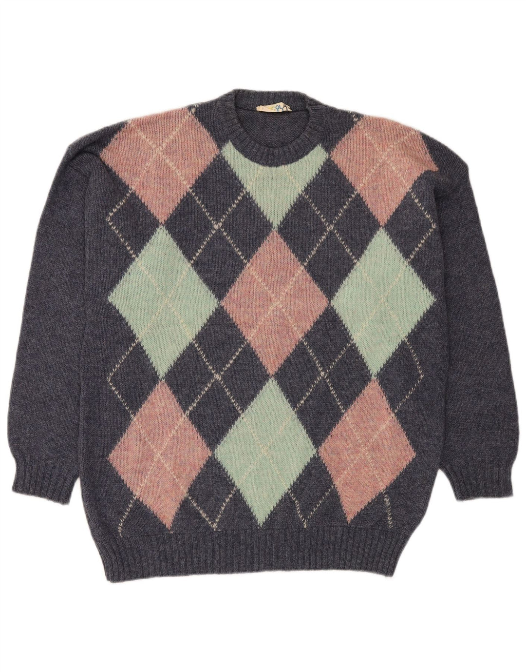 Pulover VINTAGE pentru bărbați cu gât roșu, mare, albastru Argyle/Diamond