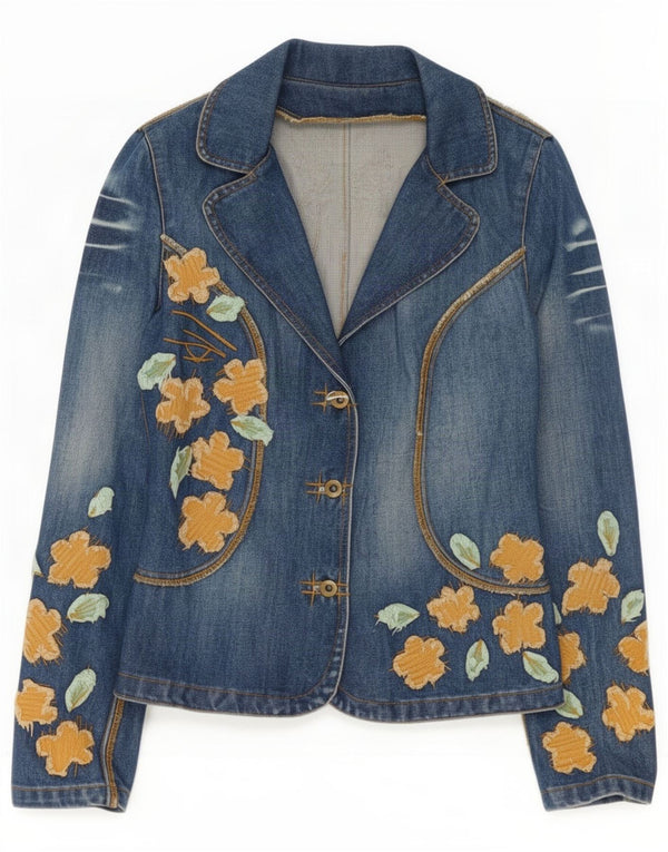 Jachetă de blugi vintage pentru femei EU 38, bumbac floral, albastru mediu