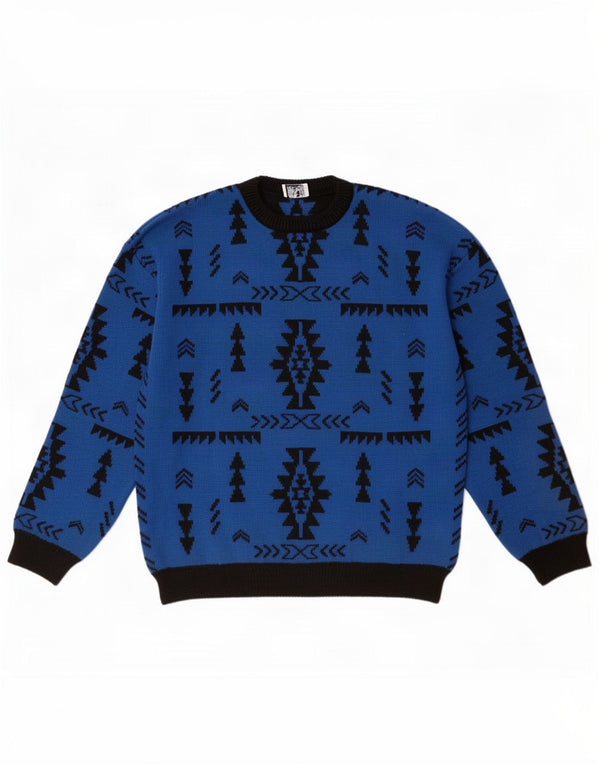 Pulover vintage pentru bărbați cu decolteu rotund XL Lână geometrică albastră