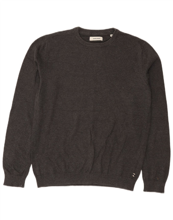 Pulover Jack & Jones pentru bărbați cu gât roșu, bumbac mic, gri