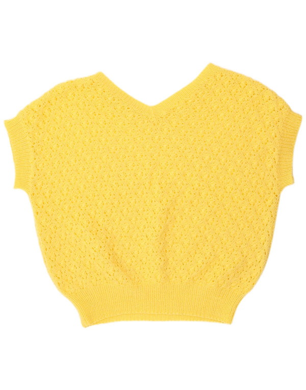 Pulover vintage pentru femei cu mânecă scurtă din croșetat cu decolteu în V, UK 20 2XL Galben