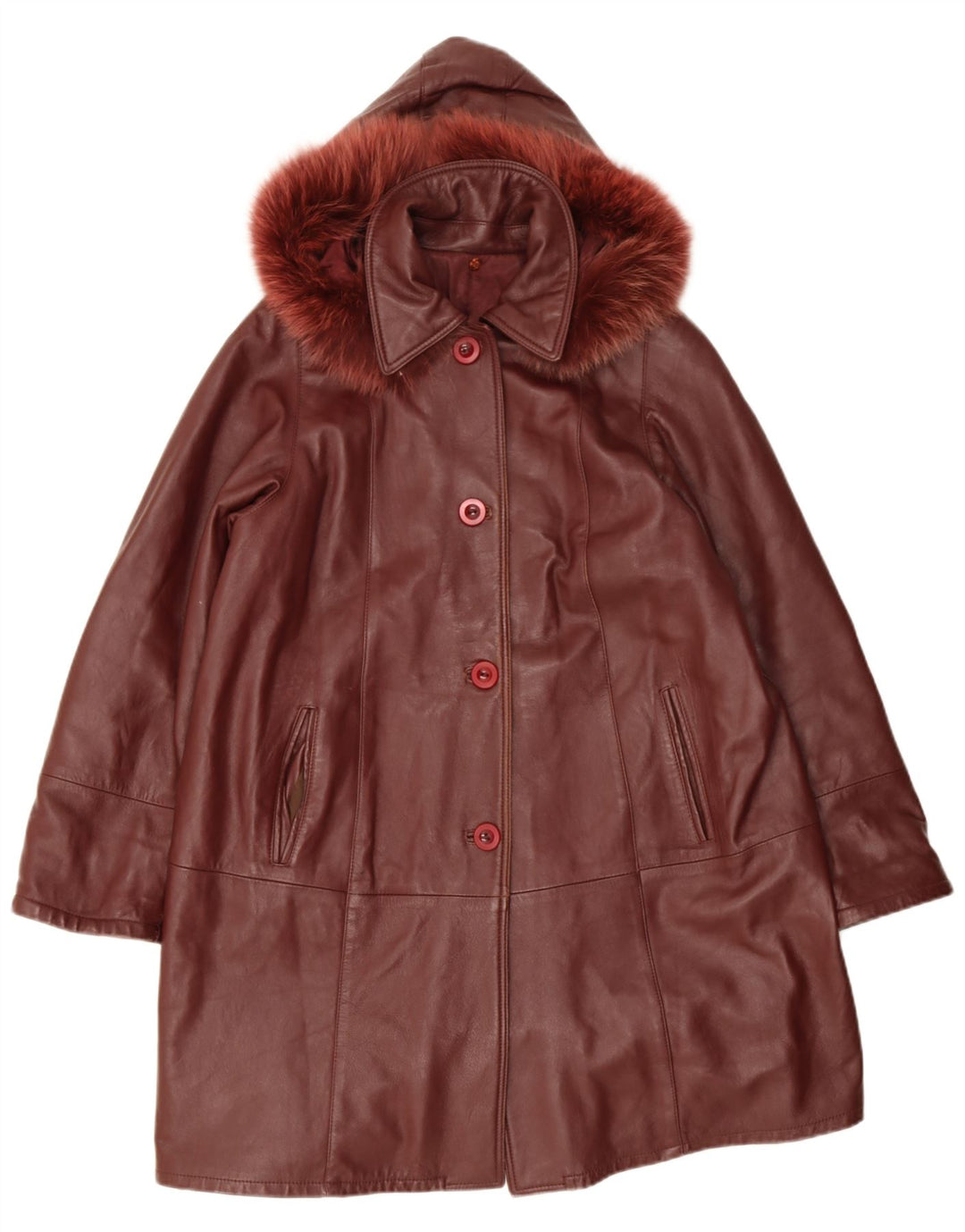 Palton din piele vintage pentru femei cu glugă UK 14 roșu mediu