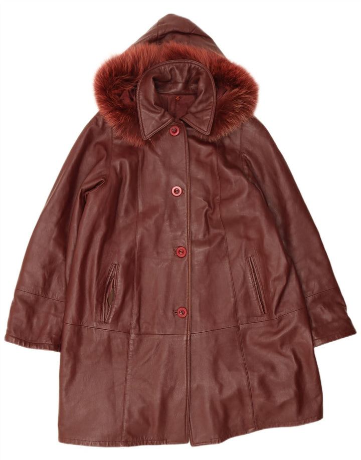 Palton din piele vintage pentru femei cu glugă UK 14 roșu mediu