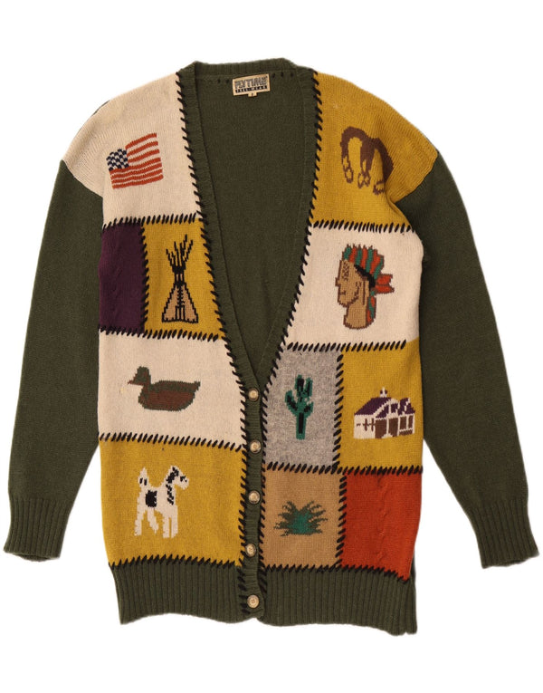 Pulover vintage cardigan grafic pentru femei UK 16, lână mare, verde, mozaic