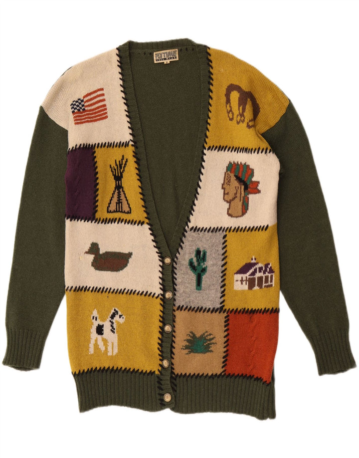 Pulover vintage cardigan grafic pentru femei UK 16, lână mare, verde, mozaic
