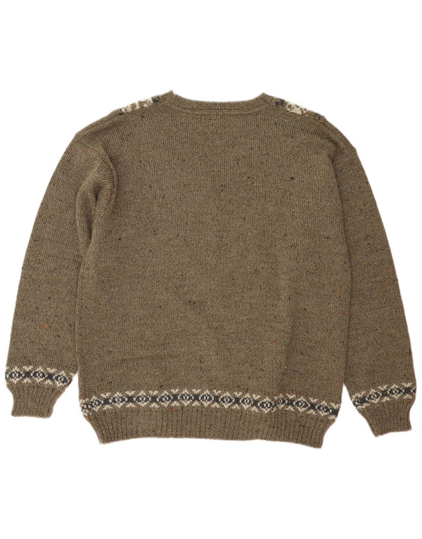 Pulover vintage pentru bărbați cu decolteu în V, mediu kaki Fair Isle