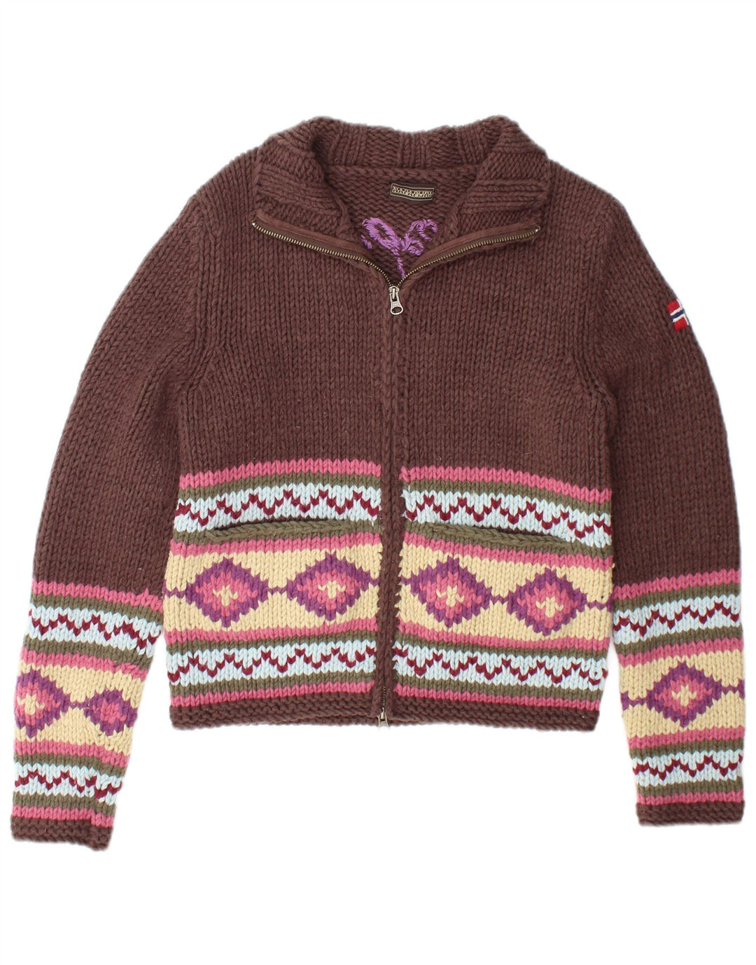 NAPAPIJRI Womens Graphic Cardigan Sweater UK 12 Medium Brown Geometric