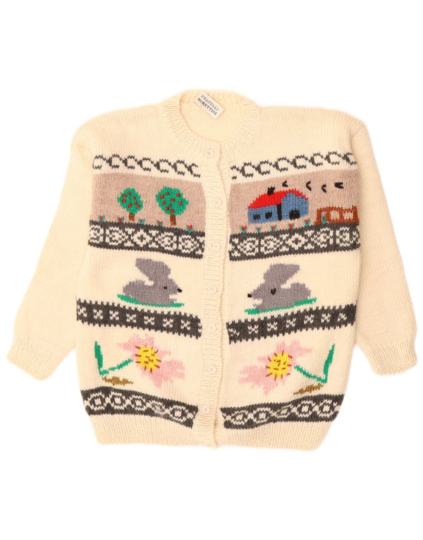 Pulover cardigan grafic pentru femei VINTAGE UK 16, lână mare, alb