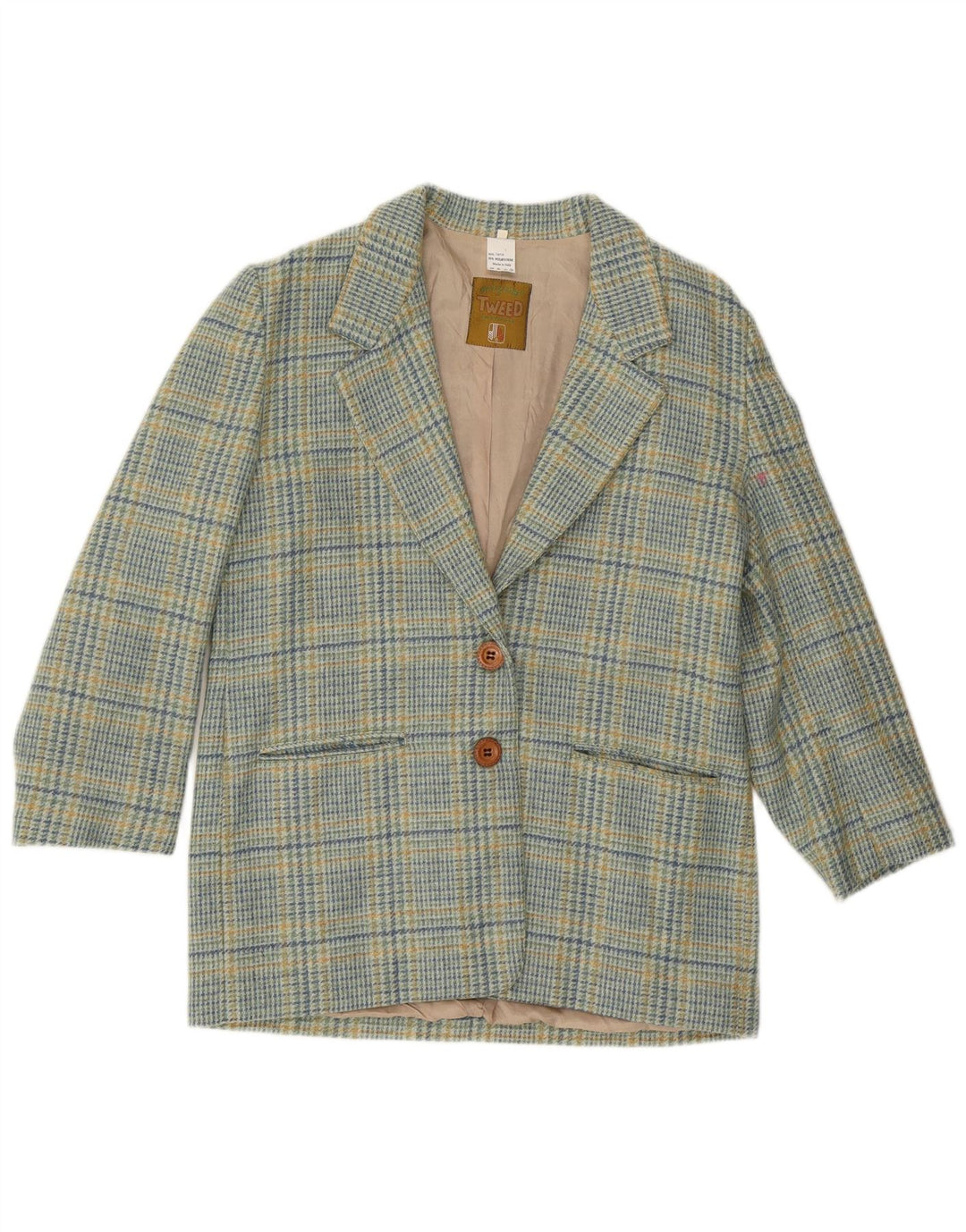 Jachetă vintage pentru femei cu 2 nasturi IT 46 Lână mare cu carouri albastre