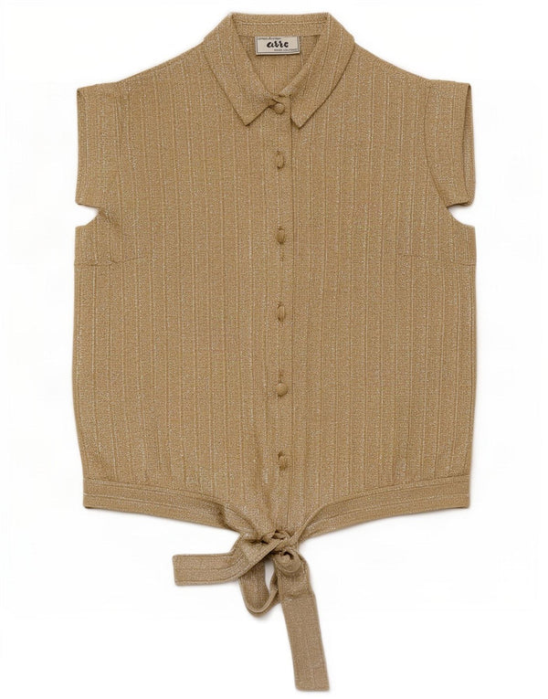 Bluză cămașă vintage pentru femei cu mânecă scurtă IT 42 Medium Gold Pinstripe