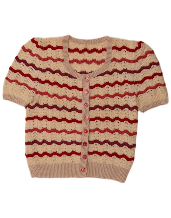 VINTAGE Pulover cardigan cu mânecă scurtă pentru femei UK 14 Medium Bej Dungat