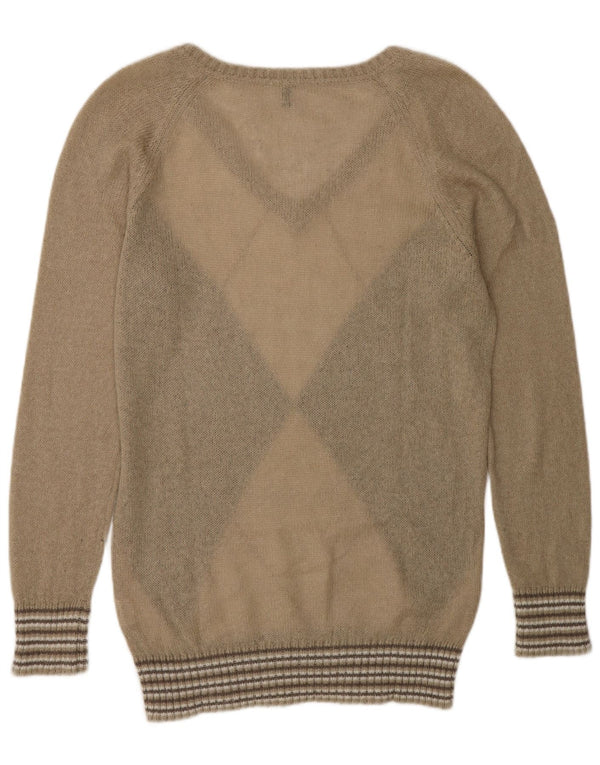 Pulover Benetton pentru femei cu decolteu în V UK 14 Medium Bej Argyle/Diamond