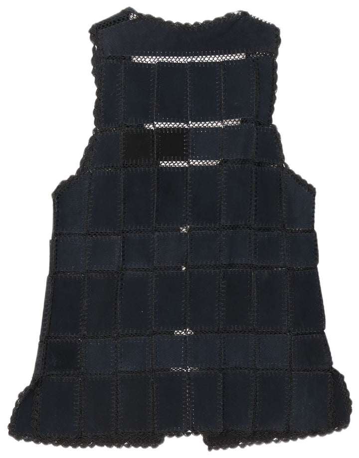 Gilet vintage pentru femei din piele intoarsa UK 16 mare, albastru marine, mozaic