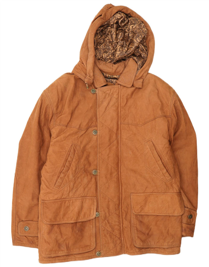 Jachetă din piele pentru bărbați VINTAGE cu glugă EU 54 2XL din piele maro