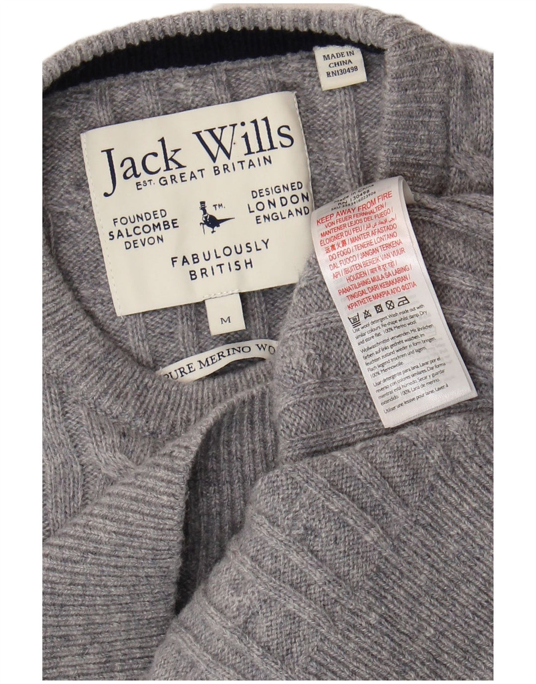 Pulover Jack Wills pentru bărbați cu gât roșu, UK 14, lână merinos, gri mediu