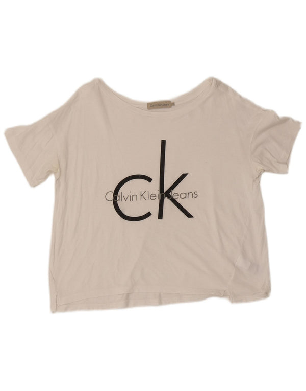 Calvin Klein Jeans Tricou cu grafic crop pentru femei Top UK 10 Small White