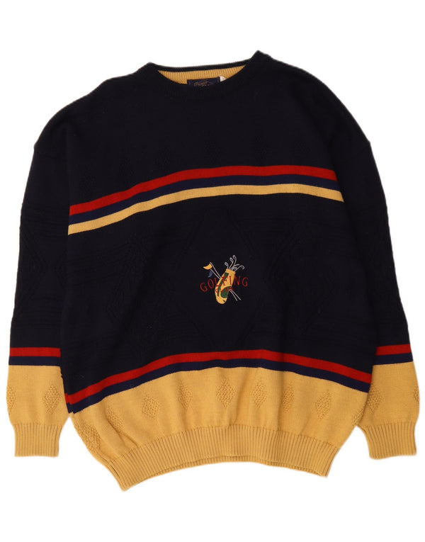 Pulover vintage pentru bărbați cu decolteu rotund cu grafică, XL, bleumarin, color block