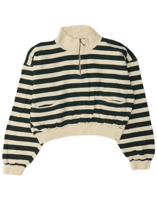 Hanorac vintage pentru femei cu fermoar și gât Pulover UK 12, verde mediu, cu dungi