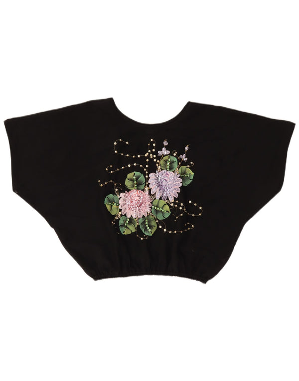 VINTAGE Bluză Crop Batwing Top pentru femei UK 18 XL Poliester floral negru