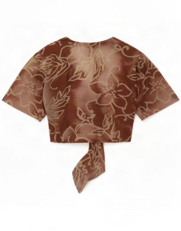 Vintage Womens Crop Front Tie Bluze Top UK 12 Medium Brown Floral