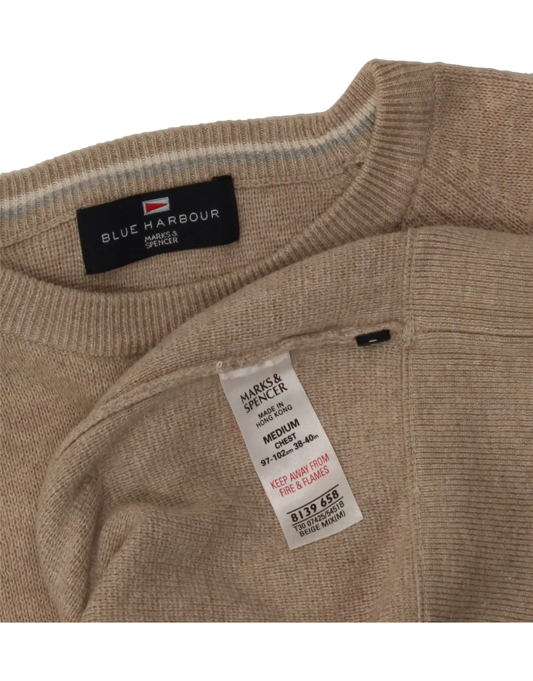 MARKS & SPENCER Mens Crew Neck Jumper Sweater Medium Beige Cotton Vintage Marks & Spencer and Second-Hand Marks & Spencer from Messina Hembry 