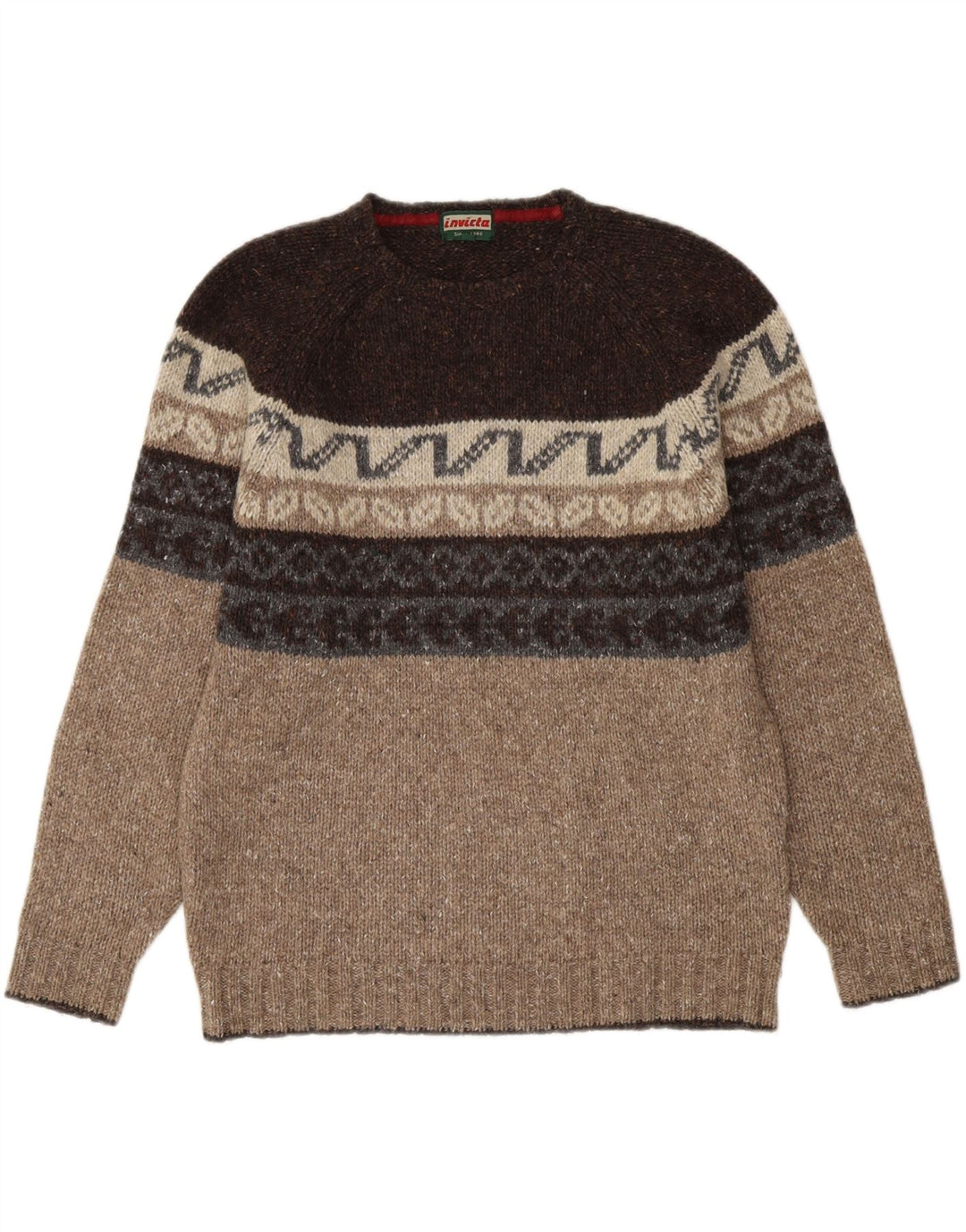 Pulover Invicta pentru bărbați cu decolteu rotund din lână Fair Isle, maro mediu