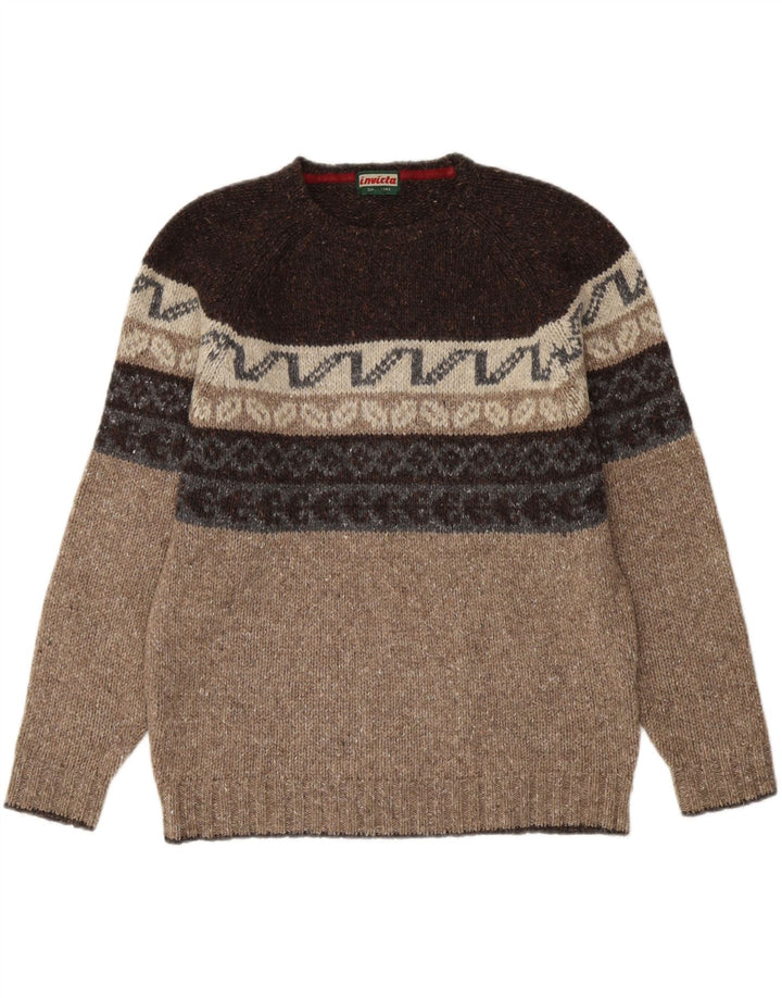 Pulover Invicta pentru bărbați cu decolteu rotund din lână Fair Isle, maro mediu