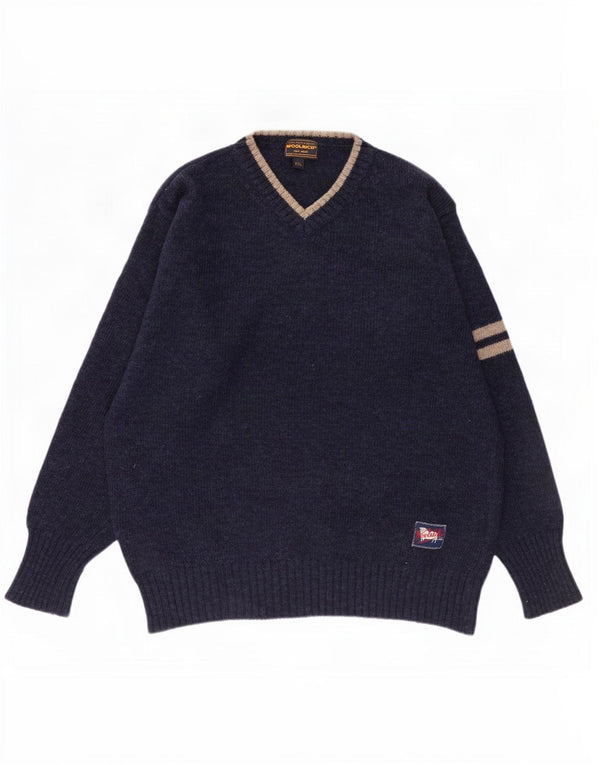 Pulover cu decolteu în V Woolrich pentru bărbați, 2XL, lână cu dungi bleumarin