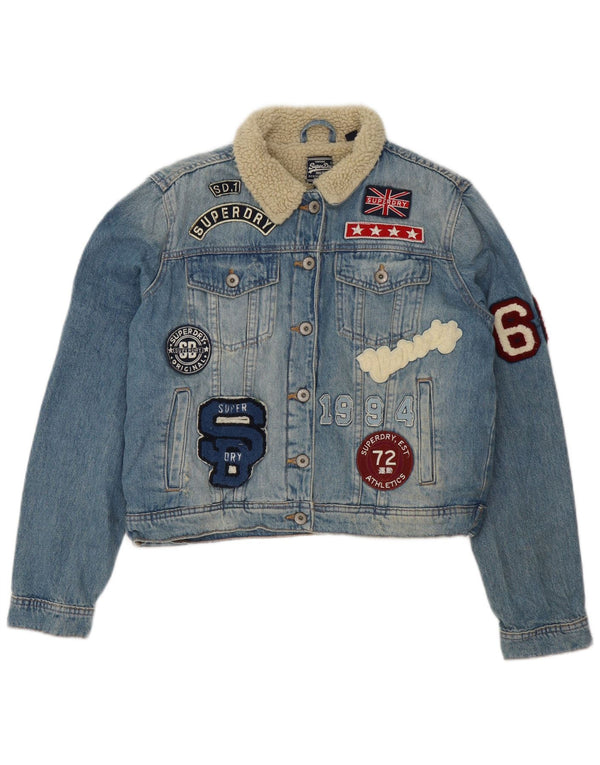 Jachetă Superdry pentru femei Crop Graphic Denim Sherpa UK 16, mare, albastru, bumbac