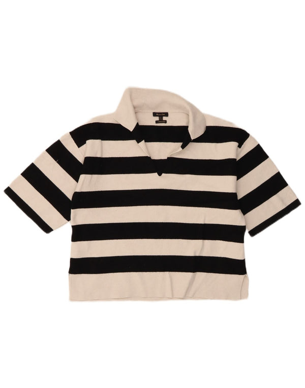Massimo Dutti Womens Crop Oversized Polo Shirt UK 10 Small White Striped