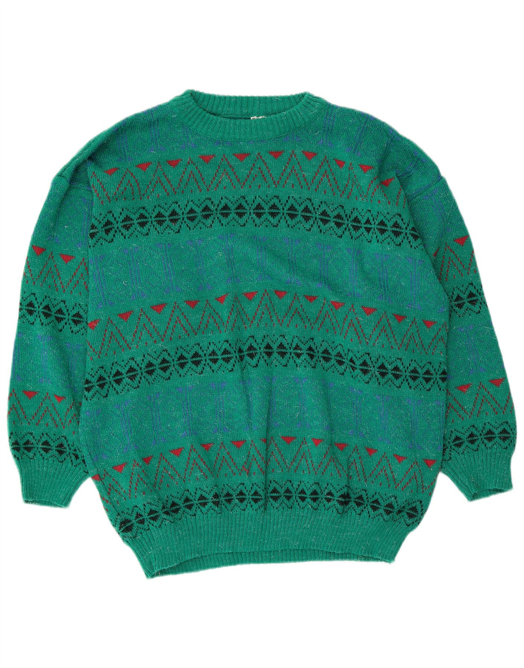Pulover vintage pentru bărbați cu decolteu rotund, verde mediu geometric, acrilic