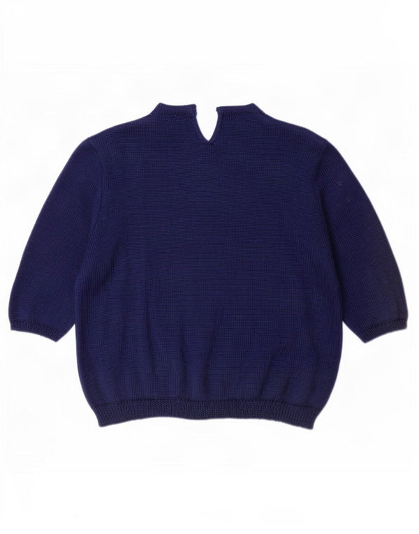 Pulover vintage pentru femei cu mâneci 3/4 cu gâtul turnat, mare, bleumarin, UK 16