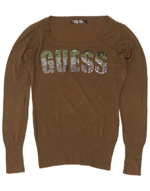 Pulover Guess pentru femei, cu grafică, cu gât de barcă, UK 14, mare, kaki, viscoză