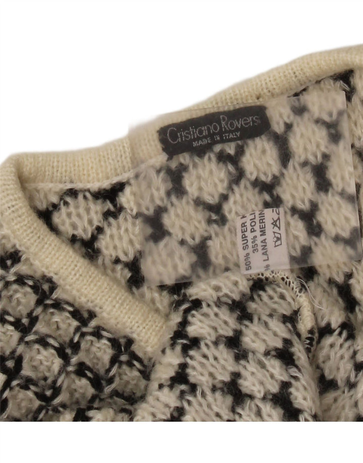 Pulover vintage pentru femei cu decolteu în V UK 14 Mediu alb catifelat geometric