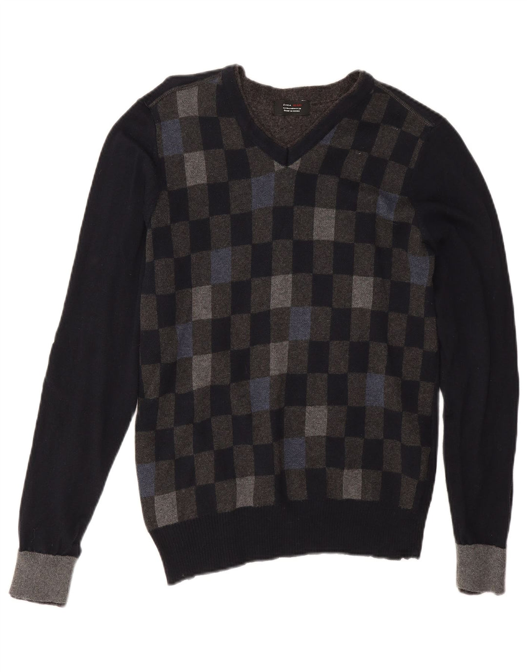 Pulover pentru bărbați Zara, cu decolteu în V, bumbac geometric negru mediu