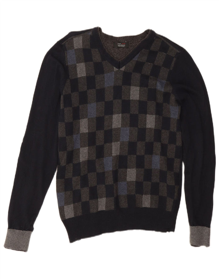 Pulover pentru bărbați Zara, cu decolteu în V, bumbac geometric negru mediu