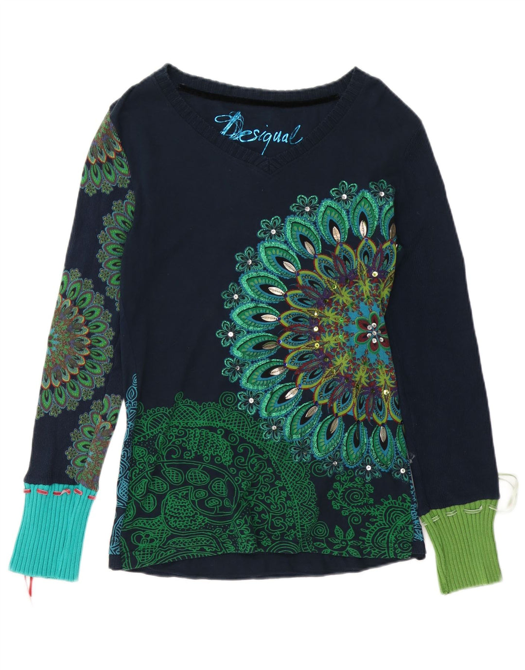 DESIGUAL Top grafic pentru femei cu mânecă lungă UK 14 mare, albastru marin, floral