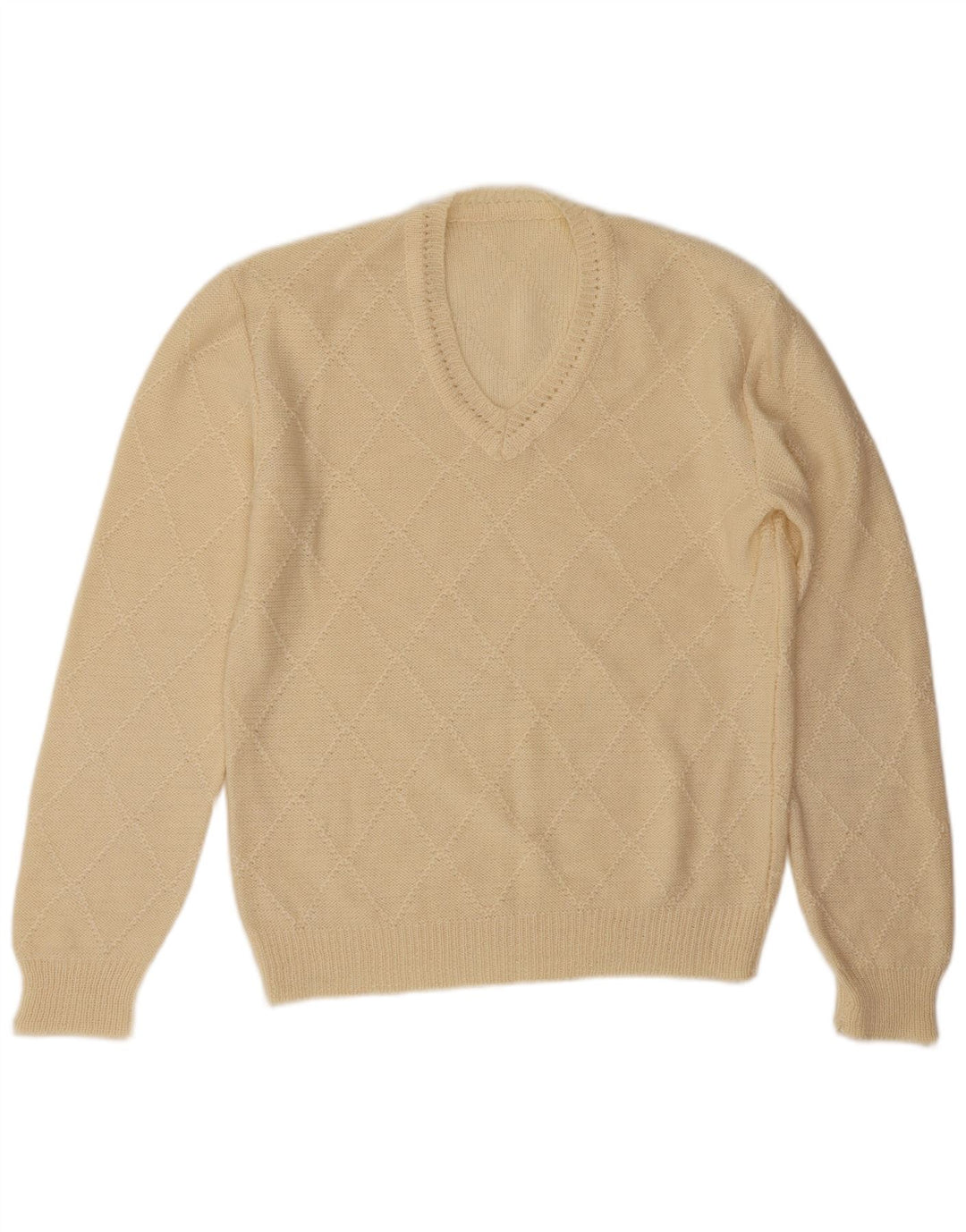 Pulover vintage pentru bărbați cu decolteu în V, mare, alb catifelat, Argyle/Diamond