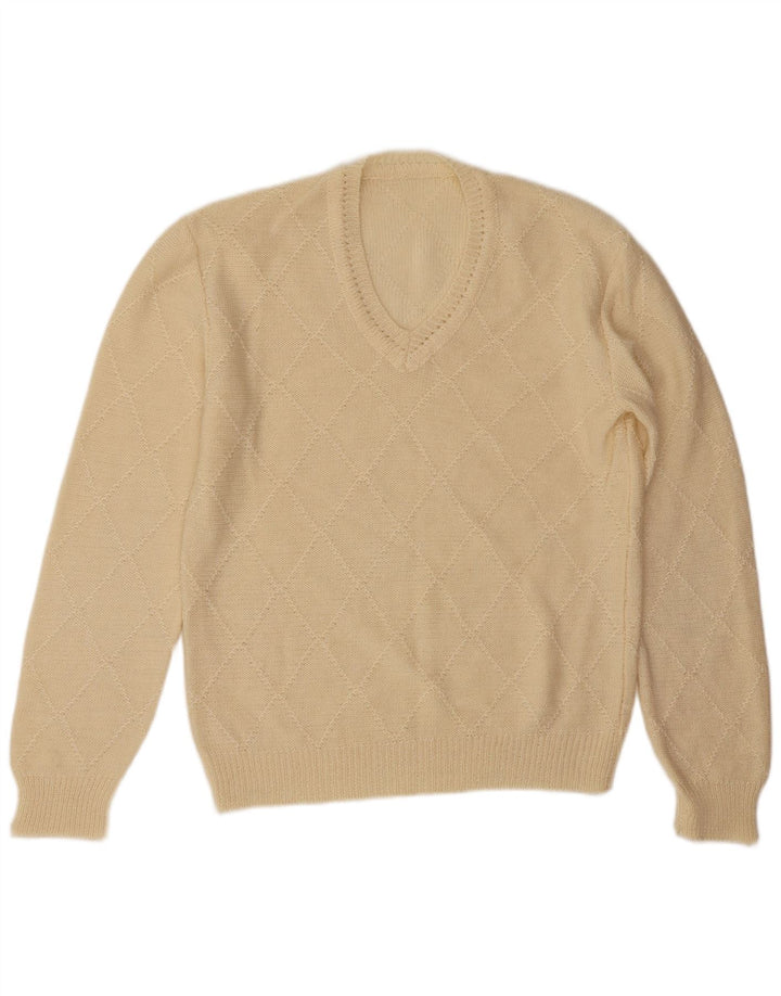 Pulover vintage pentru bărbați cu decolteu în V, mare, alb catifelat, Argyle/Diamond