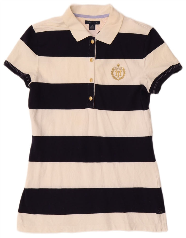 TOMMY HILFIGER Tricou polo pentru femei UK 12 Bumbac cu dungi alb mediu mediu