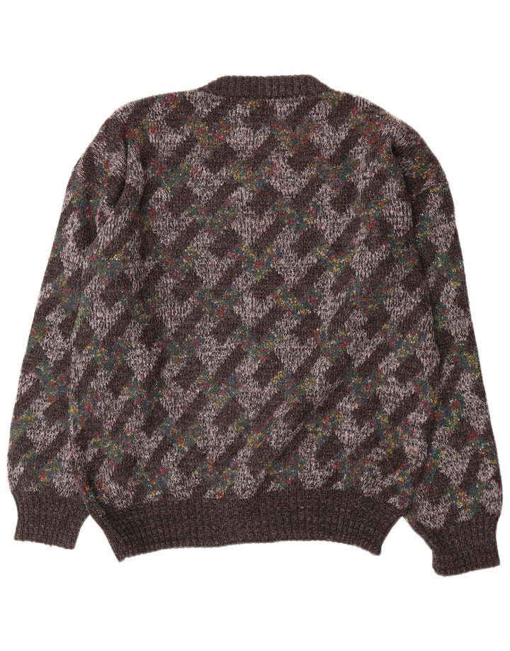 Pulover vintage pentru bărbați cu gât roșu mare, lână Argyle/Diamond, gri