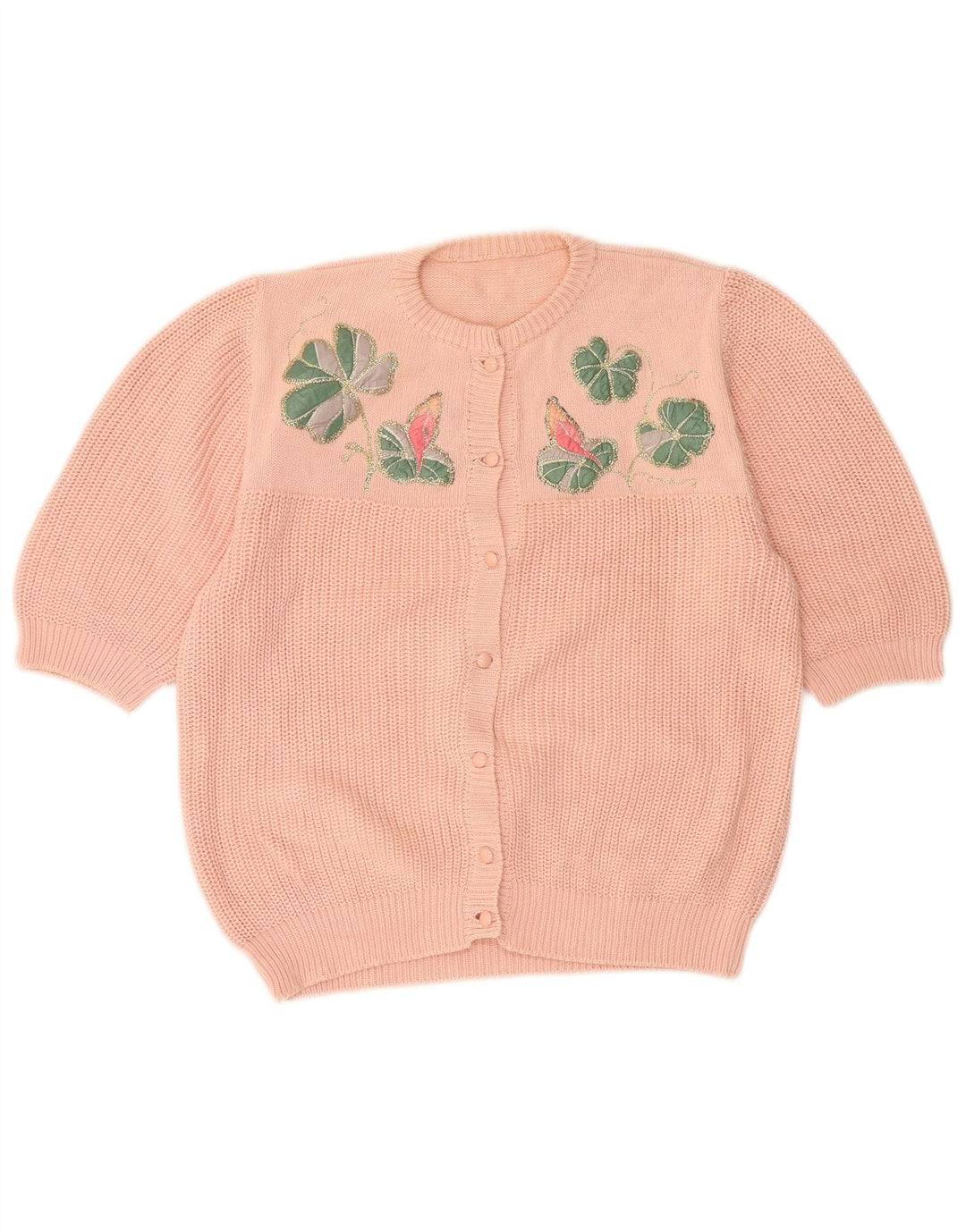 VINTAGE Pulover cardigan cu mânecă scurtă pentru femei UK 12 Roz mediu Floral
