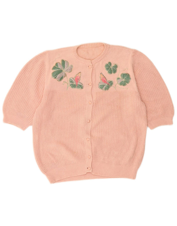 VINTAGE Pulover cardigan cu mânecă scurtă pentru femei UK 12 Roz mediu Floral