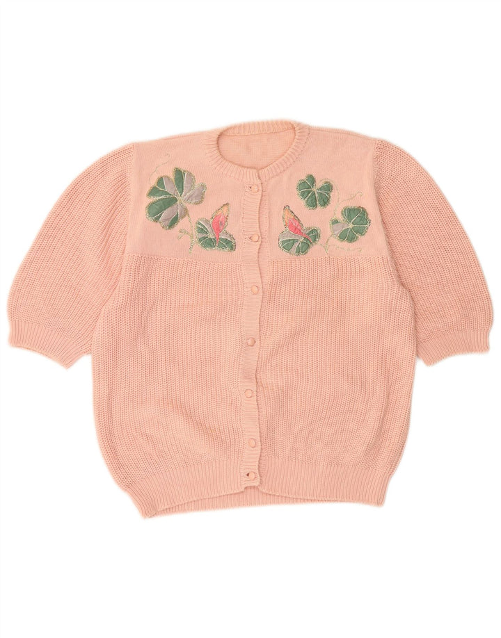 VINTAGE Pulover cardigan cu mânecă scurtă pentru femei UK 12 Roz mediu Floral