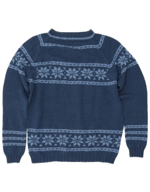 Pulover pentru femei VINTAGE cu gât de barcă UK 12 Medium Bleumarin Fair Isle