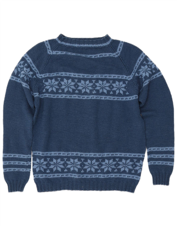Pulover pentru femei VINTAGE cu gât de barcă UK 12 Medium Bleumarin Fair Isle
