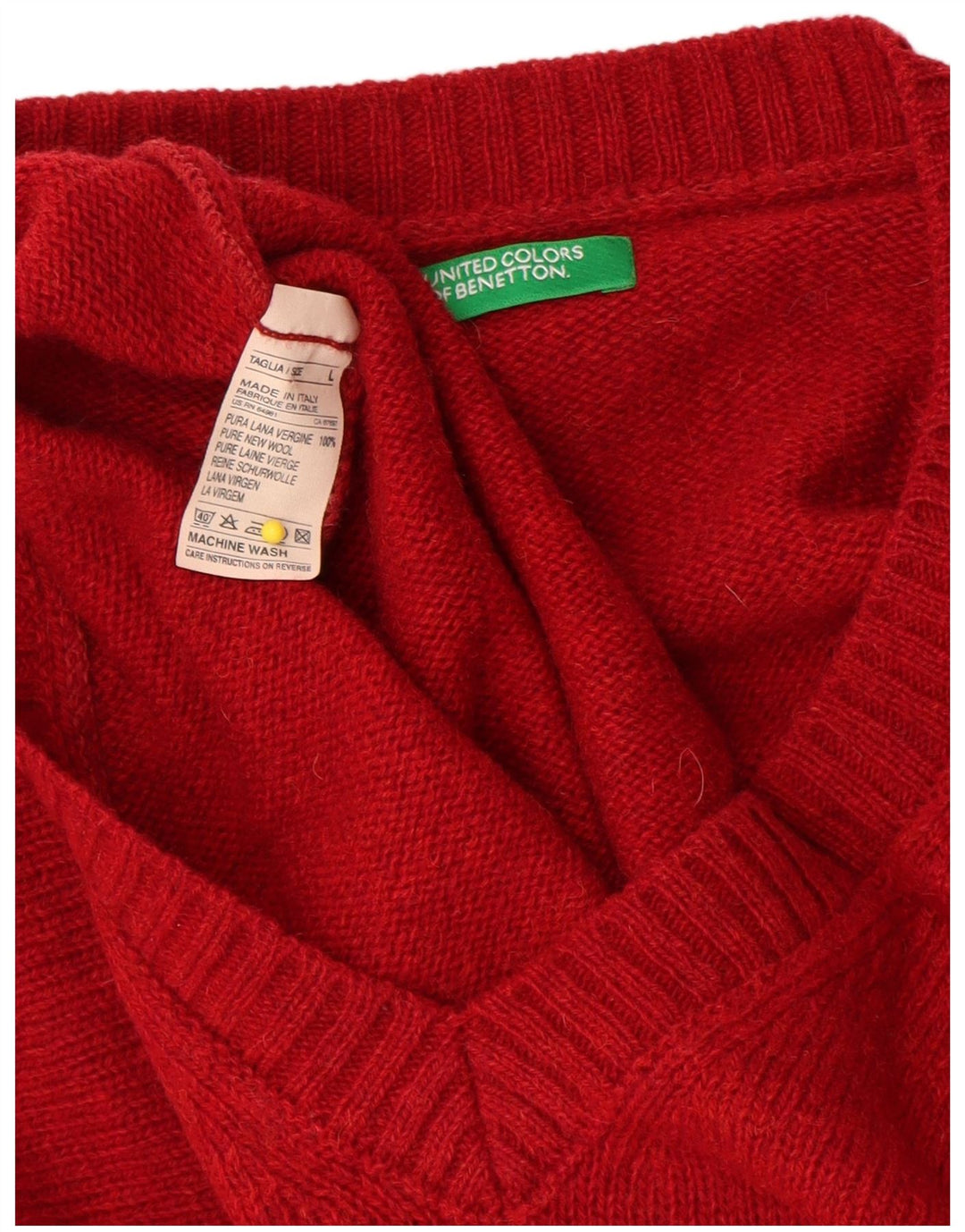 Pulover Benetton pentru bărbați cu decolteu în V, mare, roșu, din lână nouă