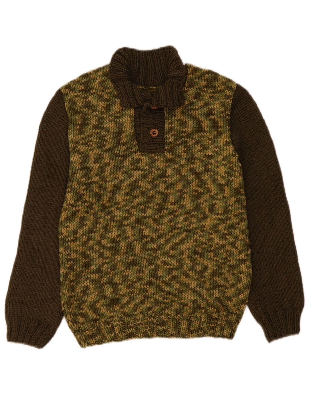 Pulover vintage pentru femei cu gât cu nasturi UK 14 Medium Khaki Colorblock