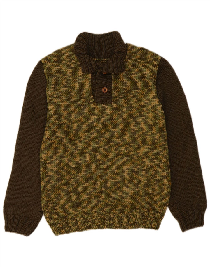 Pulover vintage pentru femei cu gât cu nasturi UK 14 Medium Khaki Colorblock